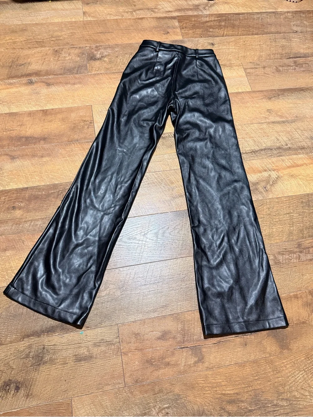 Boa Because Of Alice Black Faux Leather High Rise Wide Leg Pintuck Pants S